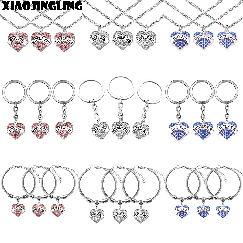 

XIAOJINGLING 3pcs/set Pink Blue Clear Heart Necklace Crystal Link Bracelet Keychain Big Middle Little Sister For Friendship