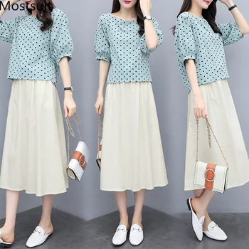 

S-3xl Summer Cotton Linen Korean Women Two Piece Outfits Sets Plus Size Dot Print Tops And A-line Skirt Suits Casual Office Sets