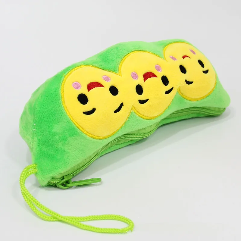 25cm Long Green Pea Cartoon Cute Plush Mini Face Soft Doll Stuffed Animals Plush Purse Pen Bag Coin Money Bag Edamame Pencil Bag