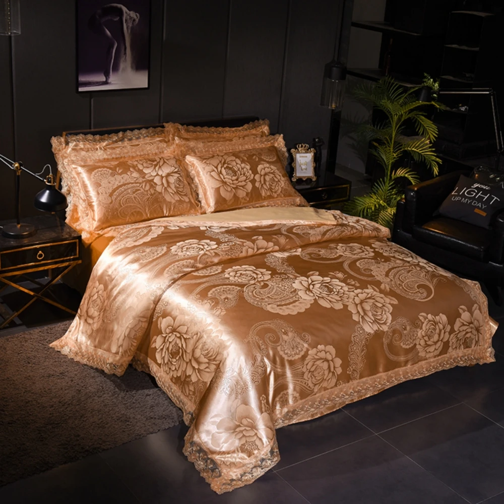 

Wedding Luxury Bedding Sets Jacquard Queen/King Size Duvet Cover Set Bed Linen bed sheet Modal jacquard lace Golden