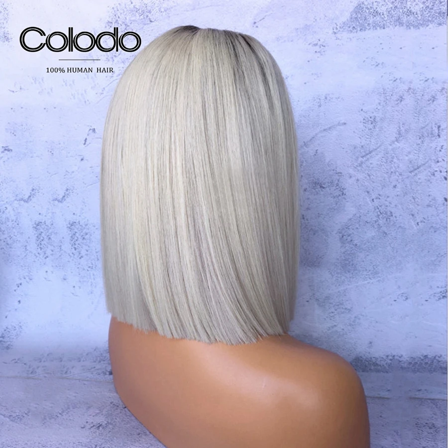 COLODO Ombre Platinum Blonde remy волосы на кружеве парик 1" серые прямые человеческие волосы парики 13x4 предварительно сорванные Бразильские короткие парики