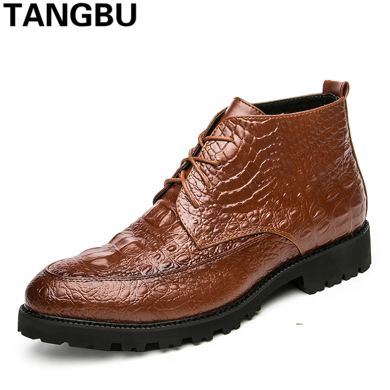 

Thick Sole Pointed Toe Men Leather Boots Lace Up Comfortable Casual Work Boots Ankle Botas High Top Men Leather Shoes Size 37-44