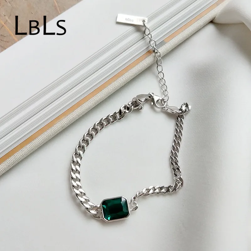 

LBLS Luxury Charms Bracelet 925 Sterling Silver Real Pure Green Crystal Bracelet Femme Jonc for Women Silver Jewelry