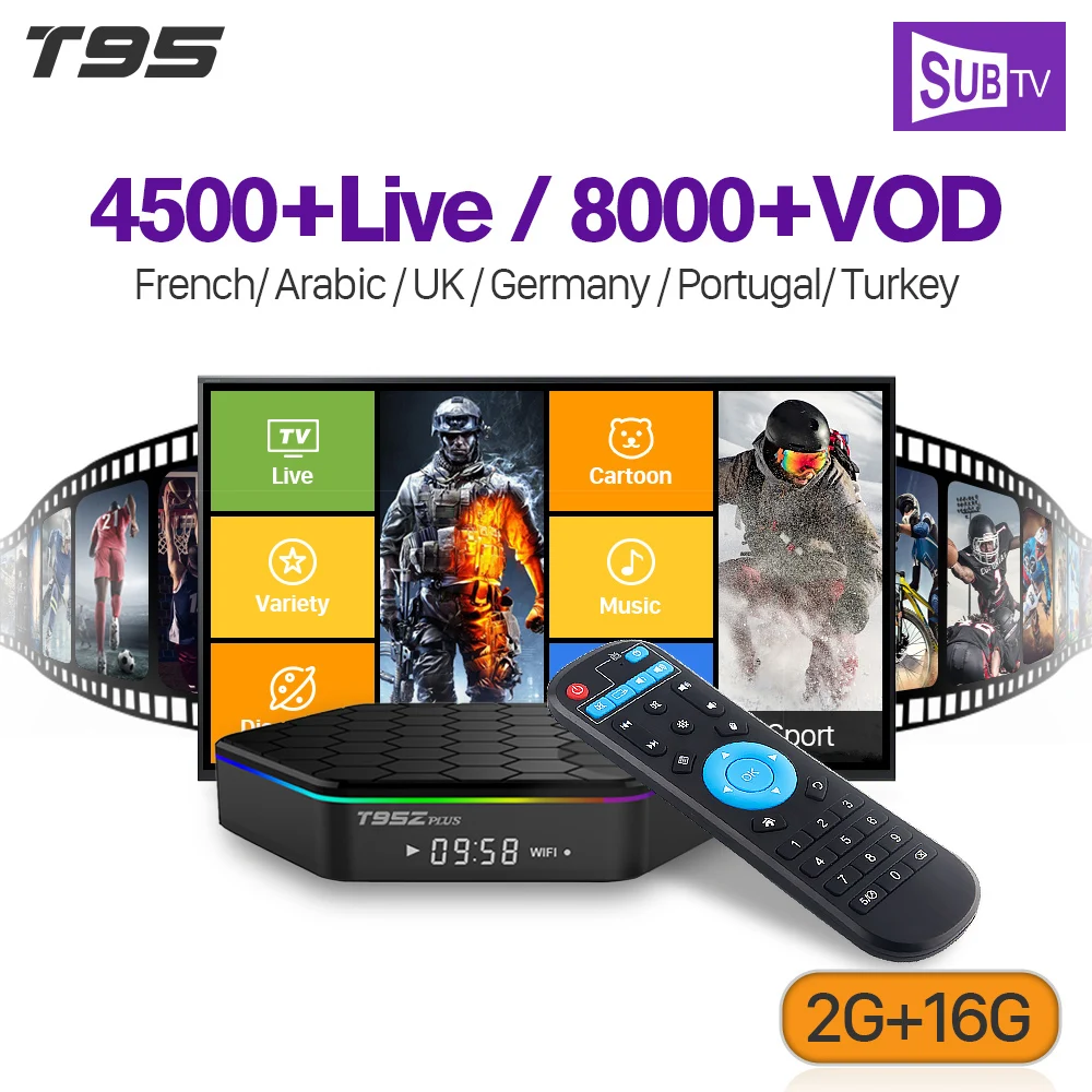 

French Iptv Subscription T95Z plus TV Box Smart Android 7.1 S912 3\6\12 Months SUBTV Code IPTV Turkey Arabic France IPTV Box