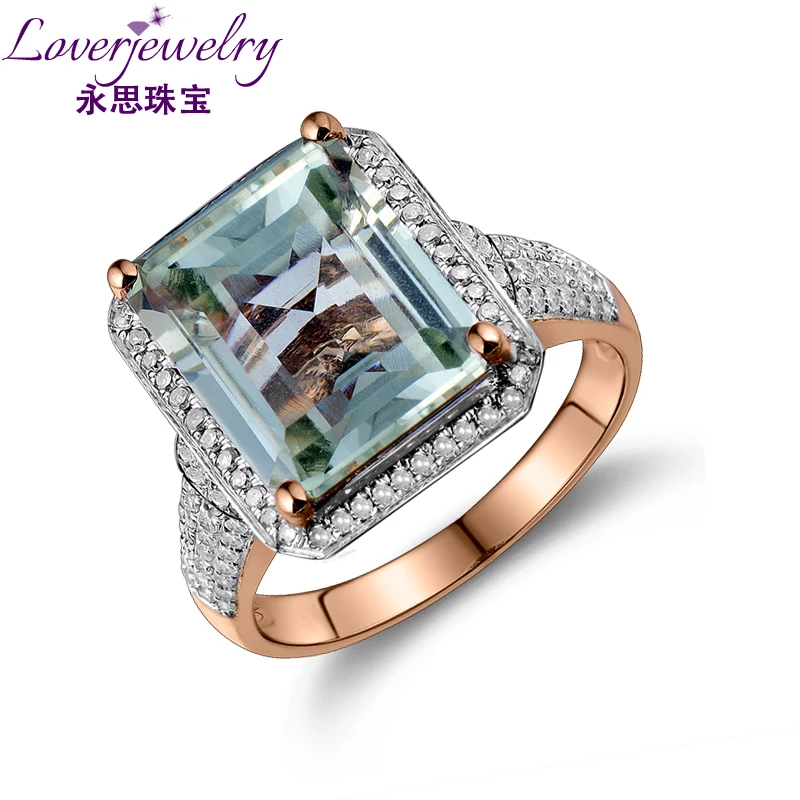 LOVERJEWELRY, кольцо для женщин, изумрудная огранка, зеленый драгоценный камень, натуральный аметист, бриллиант, обручальное кольцо, одноцветное, 14 к, розовое золото, ювелирное изделие