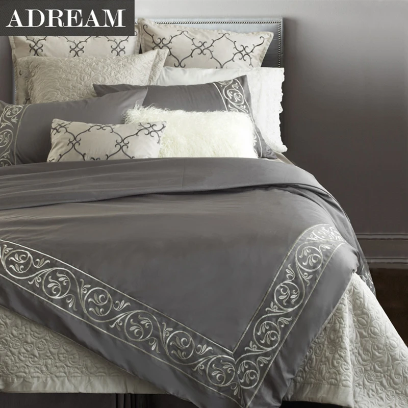 ADREAM 100 cotton 4pcs Bedding Set Grey Embroidered Bedding European