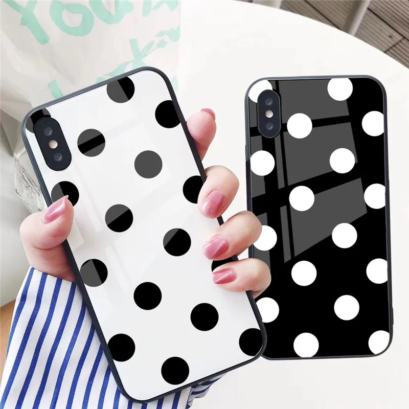 

GYKZ Vintage Polka Dot Tempered Glass Phone Case For iPhone XS MAX XR X 7 8 6 6s Plus Black White Glossy Hard Back Cover Coque