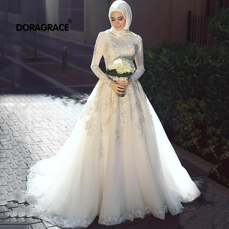 

Doragrace Custom Made High Quality Long Sleeve Lace Wedding Dress Muslim Dubai Saudi Arabia Bridal Gowns