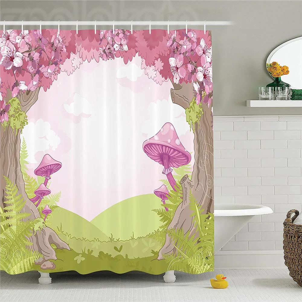 Mushroom Decor Shower Curtain Set Cherry Blossom Trees In Fairytale