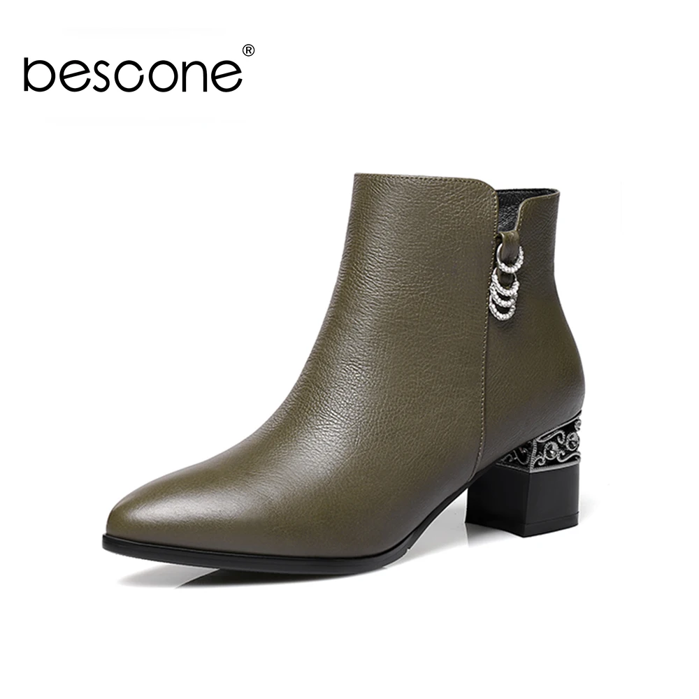 

BESCONE New Fashion Genuine Leather Ladies Boots Spring Autumn Pointed Toe Shoes Casual Slip-On Square Heel Women Boots BO252