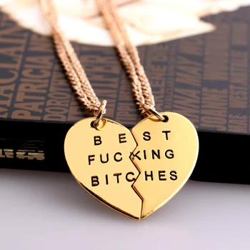 

12Set/Lot Friendship Jewelry 2PC Broken Heart Pendant Necklace Engraved Best Bitches Charm Chain Women Friend Forever BFF Collar
