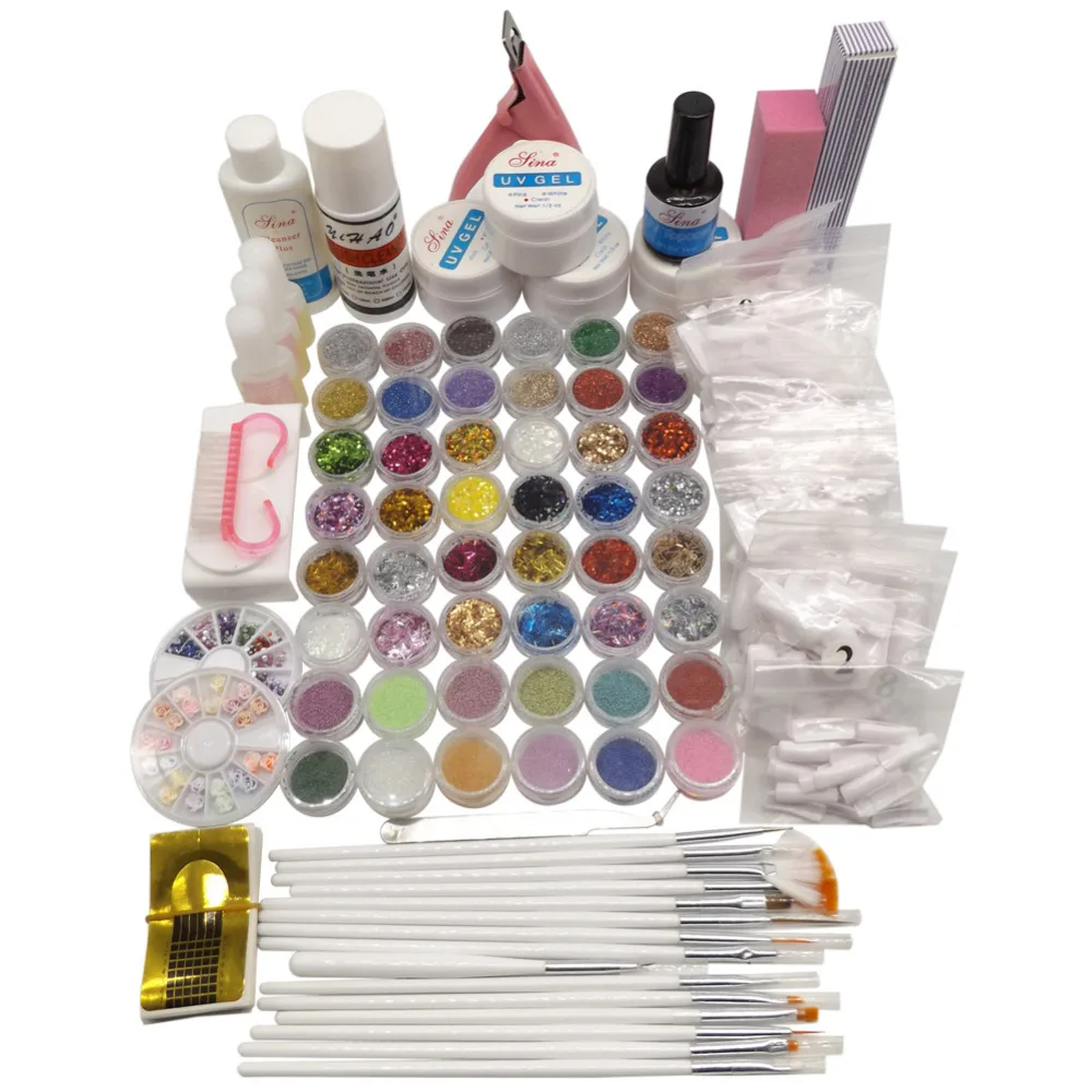 

Pro Nail Art Set UV Gel 48color Acrylic Glitter powder Nail Brushes Topcoat Cleanser Plus Nail Glue Rhinestones Manicure Set
