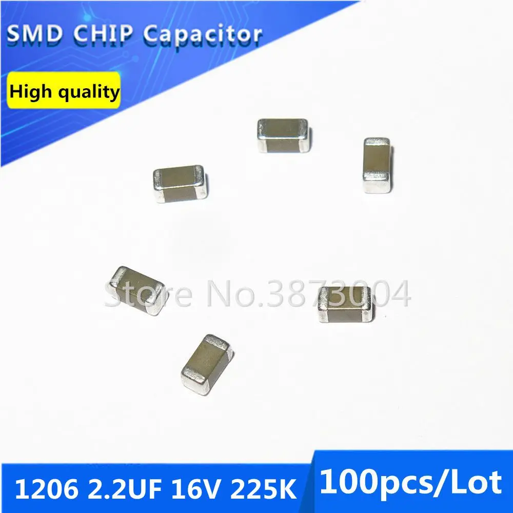 100 шт. 1206 2 мкФ 16 V 225 K 10% толстая пленка Бескорпусные Многослойные Керамика