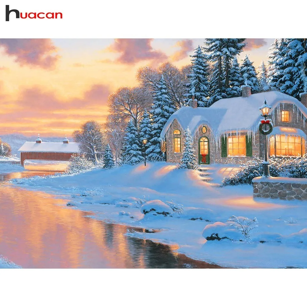 

HUACAN Diamond Mosaic Landscape Picture Of Rhinestone Home Decor Fairytale House 5D DIY Diamond Painting Winter Full Square