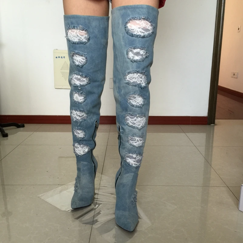 Denim Hollow Out Front Long Boots Thigh High Pointed Toe Women Boots Winter Style Extra High Heels Side Zipper Large Size