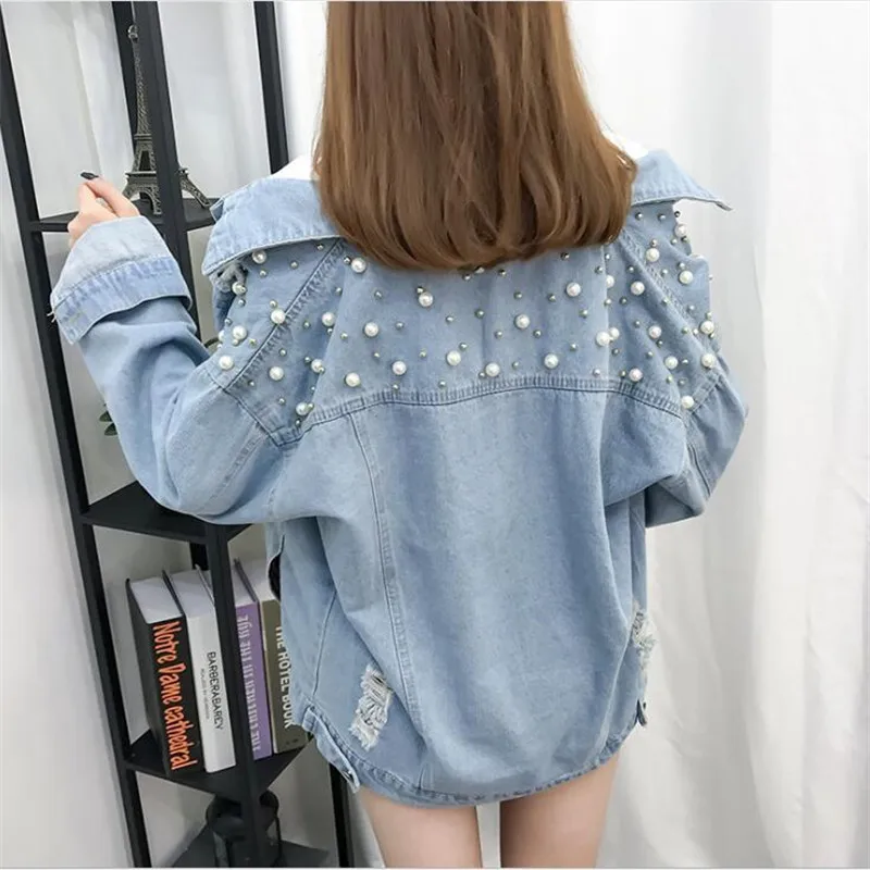 

New Beaded Sequins Hole Loose Casual Denim Jacket Female Student Jacket 2018 New Autumn and Winter