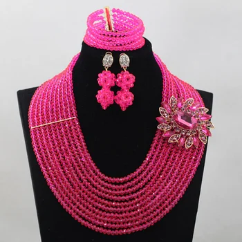 

Amazing Hot Pink African Beads Jewelry Set Fuchsia Nigeria Indian Crystal Wedding Beads for Ladies Anniversary Party WD614