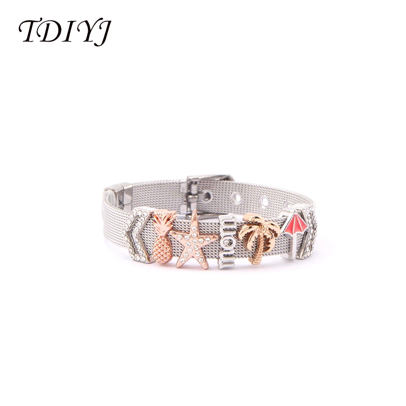 

TDIYJ Framing Charms Beach Umbrella Pineapple Travel New Slide Charms Personalized Stainless Steel Mesh Silver Bracelet 1Set