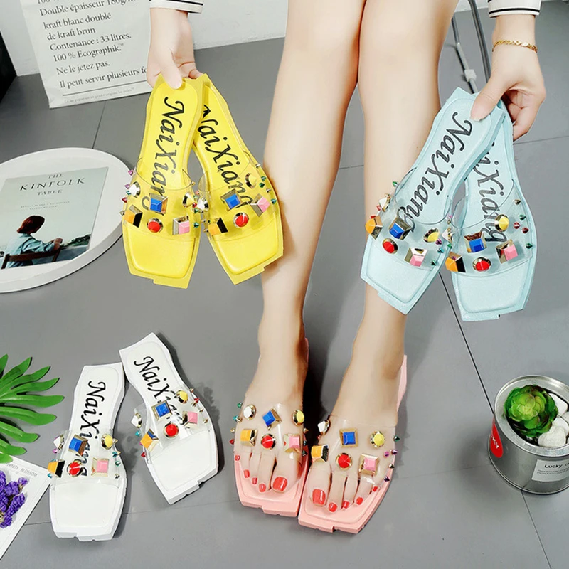 

candy color jelly sandals flip flops women colorful crystal open toe beach slides rivets studded flats slippers