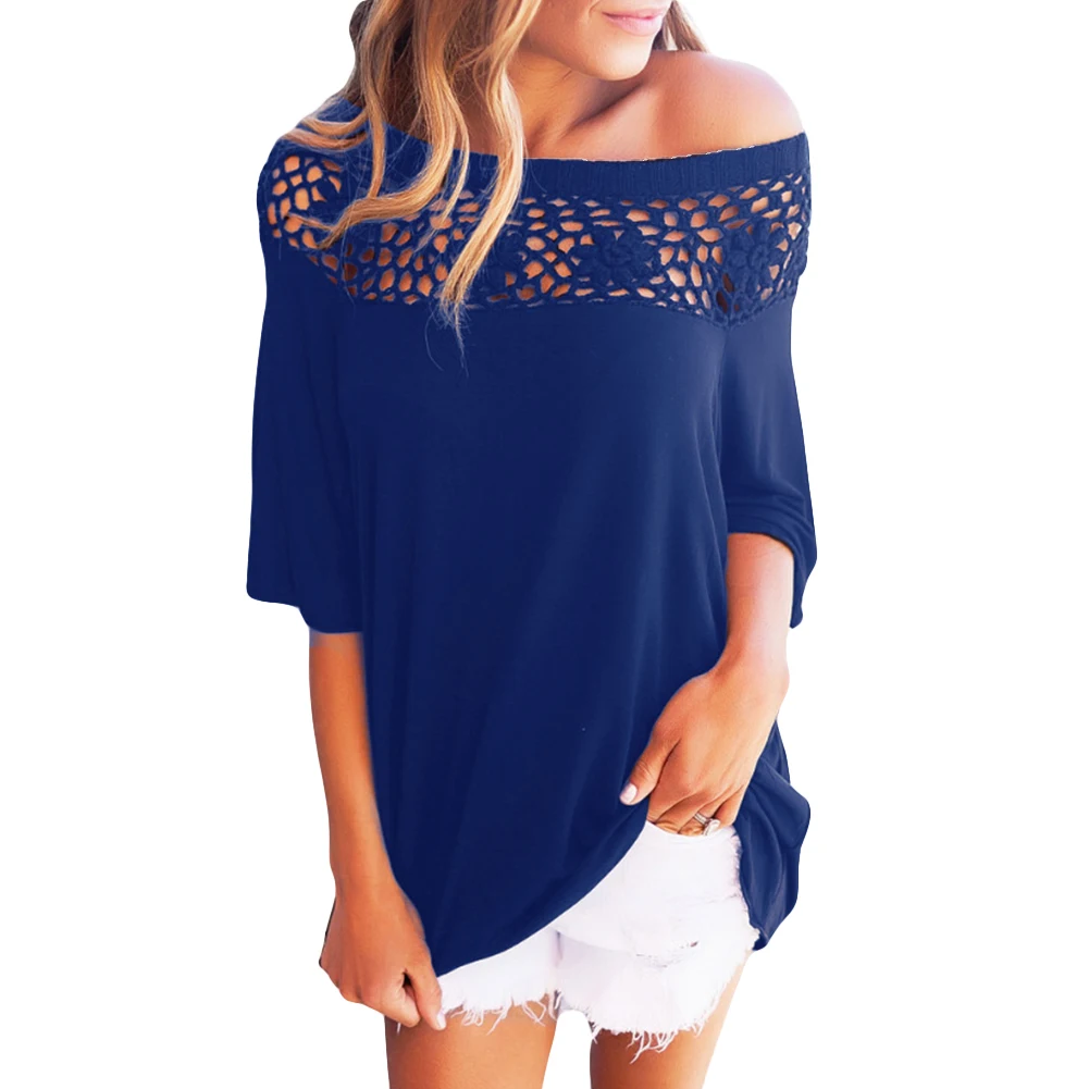 

Women Fashion One Shoulder Flower Hollow Half Sleeve Blouse Casual Loose Top