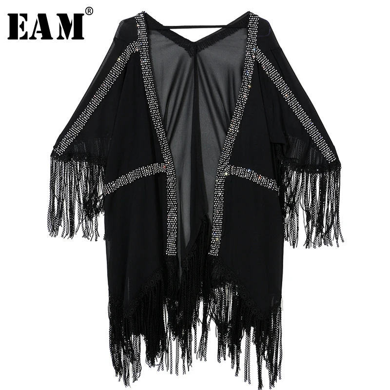 

[EAM] 2019 New Spring Summer V- Neck Three-quarter Sleeve Black Tassels Nailed Big Size Chiffon Dress Women Fashion Tide JU921