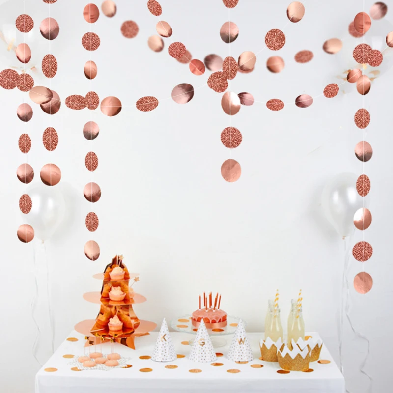 

4M Rose Gold Polka Dots Paper Garland Glitter Round Banner Bunting For Birthday Party Baby Shower Decoration Hanging Garland