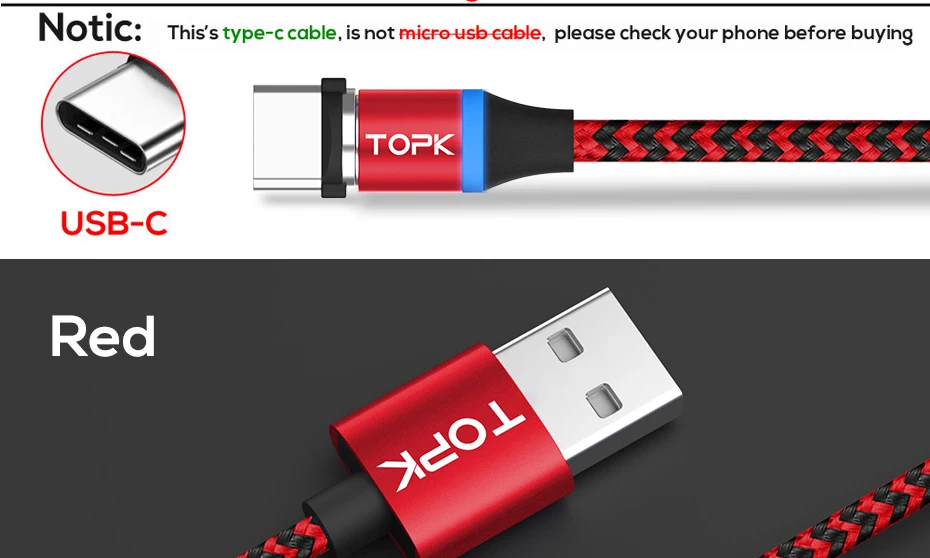 TOPK [5-Pack] RLine-R Магнитный кабель usb type C для samsung Galaxy S9 Plus OnePlus 6 type-C USB C