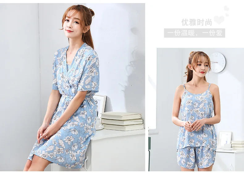 Women's pajamas autumn pure cotton long-sleeved summer sweet sexy suspenders nightgown three-piece suit home clothes flower