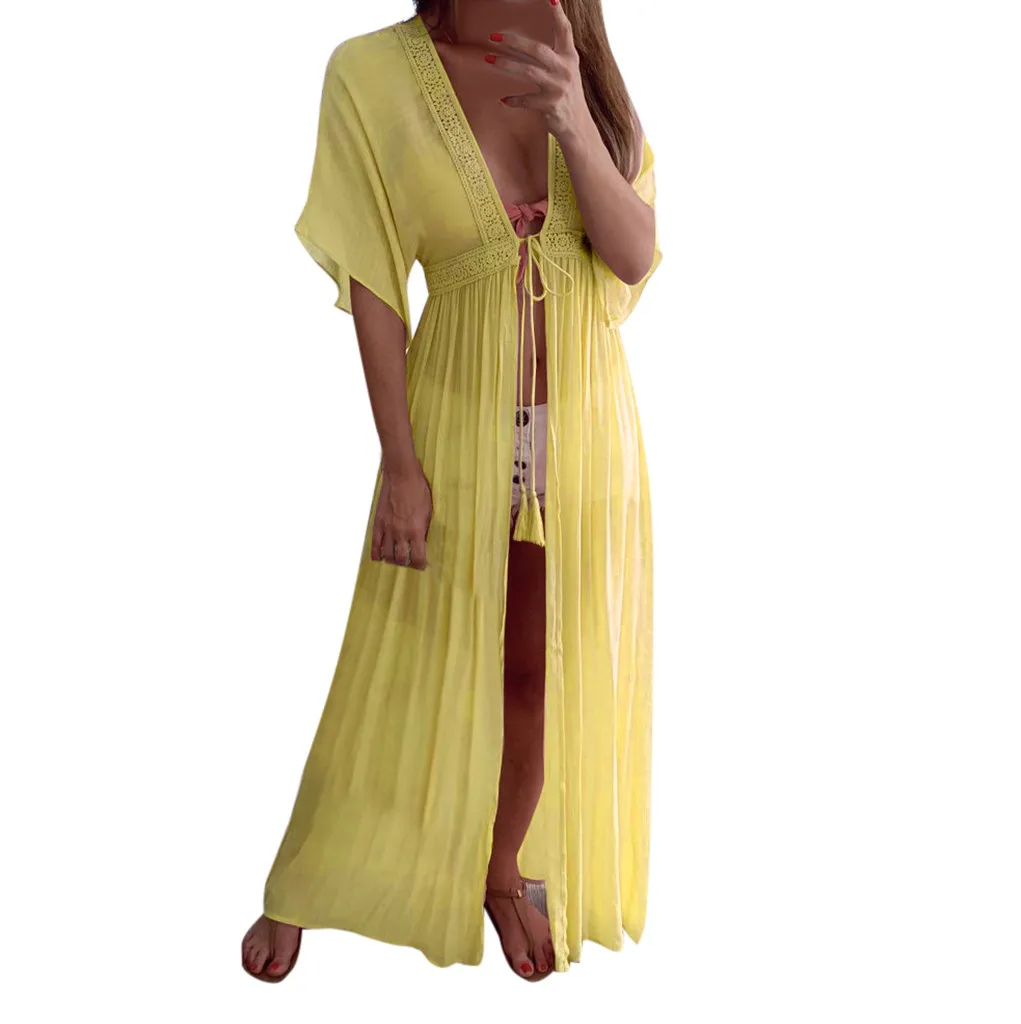 Женский пляжный костюм с кружевным топом, однотонный розовый желтый бандажный бикини, шифоновый купальник, кафтан, длинный кардиган, летнее пляжное платье
