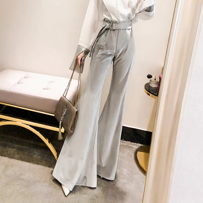 

Autumn woman high waist Velour Flare pants 2018 new fashion Office Lady Wide leg pants was thin corduroy trousers, casual pants