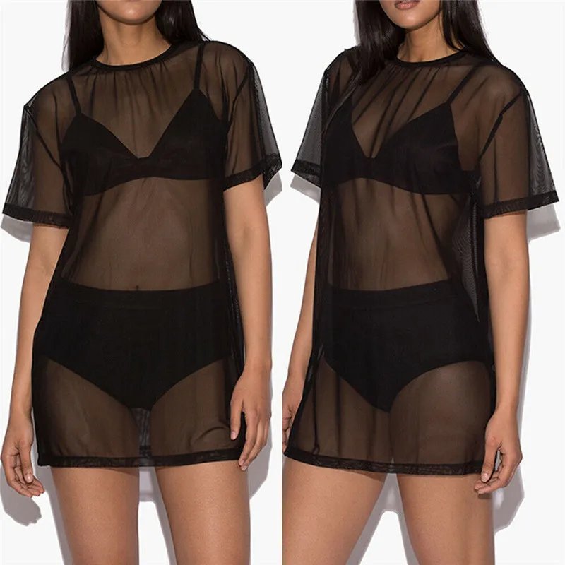 

Women Soft Pullover T-shirt Summer Mesh See Through T-shirt