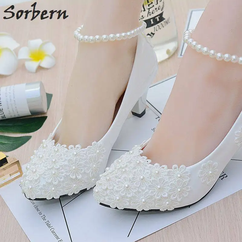 US $18.00 Sorbern White Beading Ankle Strap Cute Flowers Wedding Shoes Med Heels Bridal Shoes Wholesale Women Shoes Party And Evening Shoe