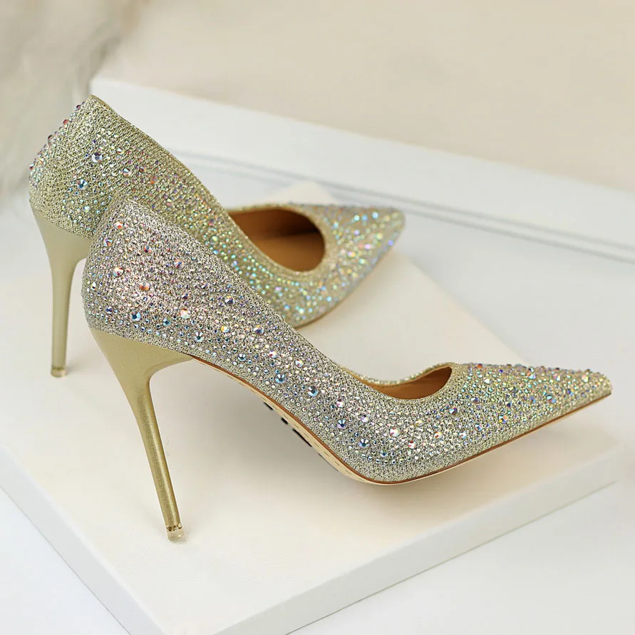 Женские блестящие туфли-лодочки на высоком каблуке 10 см с кристаллами; элегантная женская обувь серебристого цвета; Свадебная обувь золотистого цвета; обувь розового цвета - Цвет: Золотой