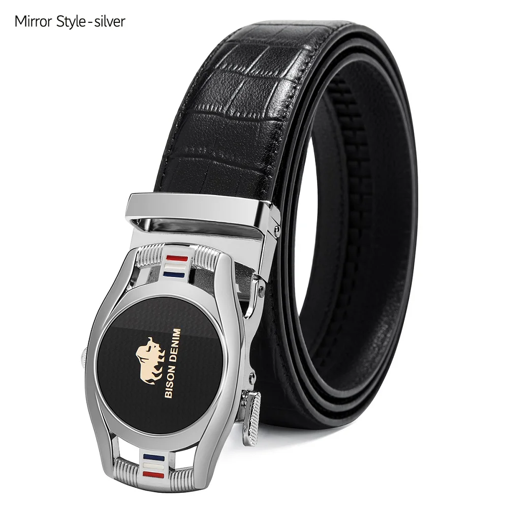 Mirro Silver Бренд BISON DENIM, модный мужской ремень с автоматической пряжкой, ремень из натуральной кожи, мужские ремни из коровьей кожи, ремни для мужчин N71446 - Цвет: Mirro Silver