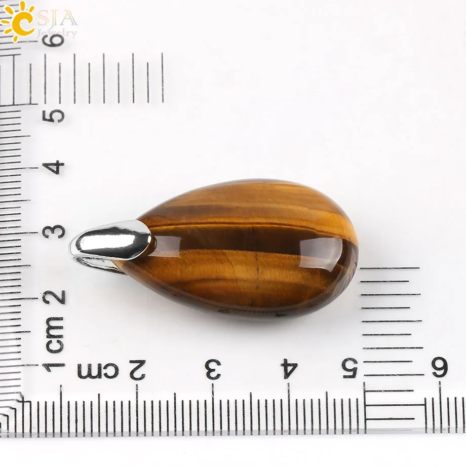 CSJA Natural Gem Stone Water Drop Necklaces Pendants Tiger Eye Lapis Lazuli Clear Crystal Opal Reiki Healing Jewellery Gift E526