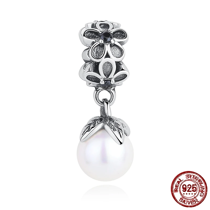

MYBEBOA 925 Sterling Silver Daisy Flower with Simulated Pearl Pendant Charm fit Original Pandora Bracelet Charms Jewelry