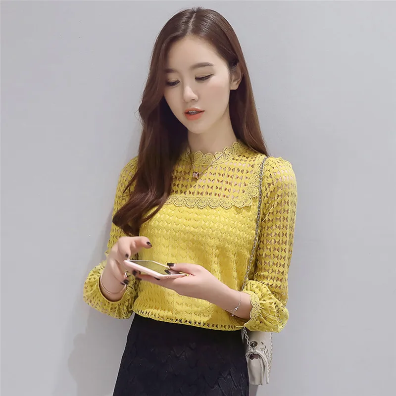 Free Shipping 2018 New Long Sleeve Women tops Lace O-neck ruff Sleeve Fashion Autumn brown Black Blouse Shirts women Blouses 16J