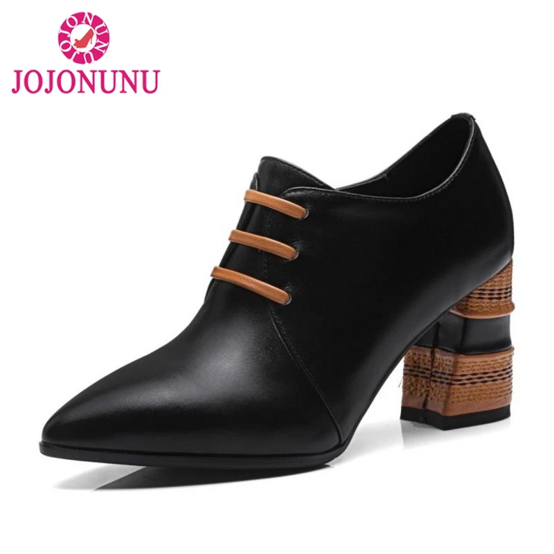 

JOJONUNU Woman Genuine Leather High Heel Boots Solid Color Slip On Ankle Boots Winter Concise Shoes Women Footwear Size 34-39