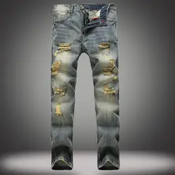 Модные Винтаж промывают рваные байкерские джинсы прямые брюки стрейч деним Для мужчин джинсы
