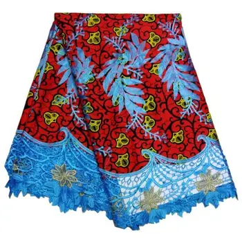 

6 Y/pc Hot sale red printed wax fabric and water blue water soluble flower african cord lace for dress LBL28-8