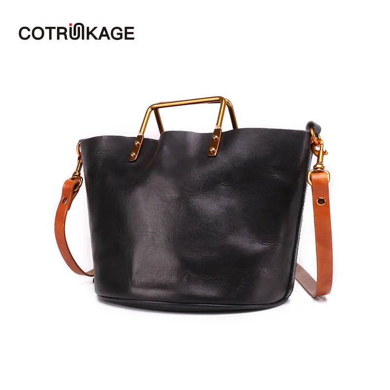 

COTRUNKAGE Small Bag Genuine Leather Woman Shoulder Bags Vintage Hand Bag Women Handbag Ladies Black Leather Bucket Bags