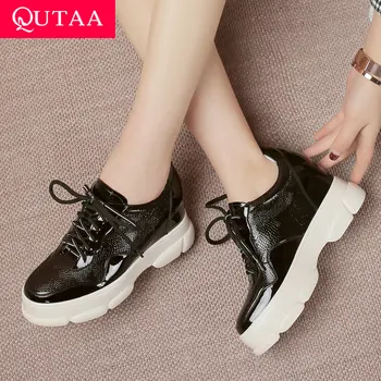 

QUTAA 2019 Women Shoes Platform Wedges Heel Platform Fashion Lace Up Casual Patent Leather Fashion Women Pumps Size 34-42