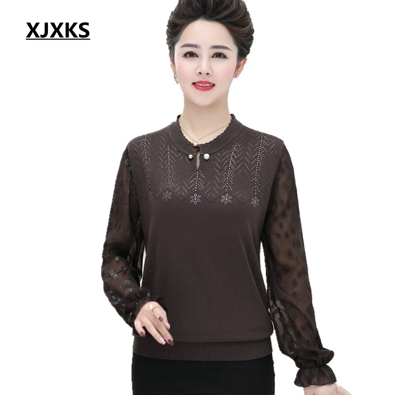 

XJXKS Spring New Women Sweater Plus Size 2019 Fashion Women Sweater Semi-transparent Sleeve Round Neck Tops Thin Pullover