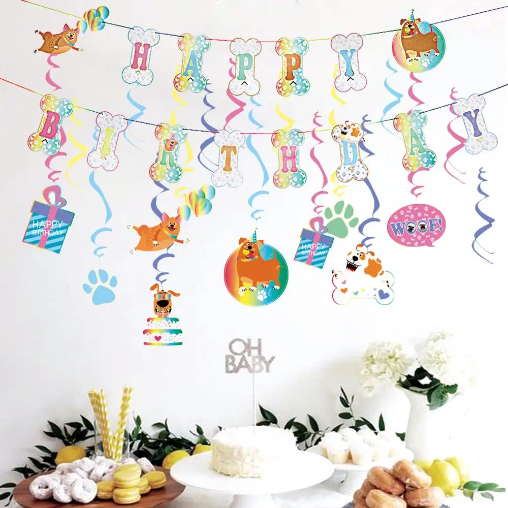 

2pcs Puppy Birthday Banner Bone Shape Puppy Party Foil Swirl Decoration Hanging Party Woof Pet Party Baby Shower Doggy Birthday