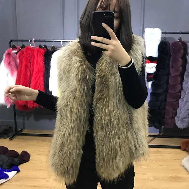 JKP NEW Real fashion Raccoon fur Animal Skins vest women natural ...