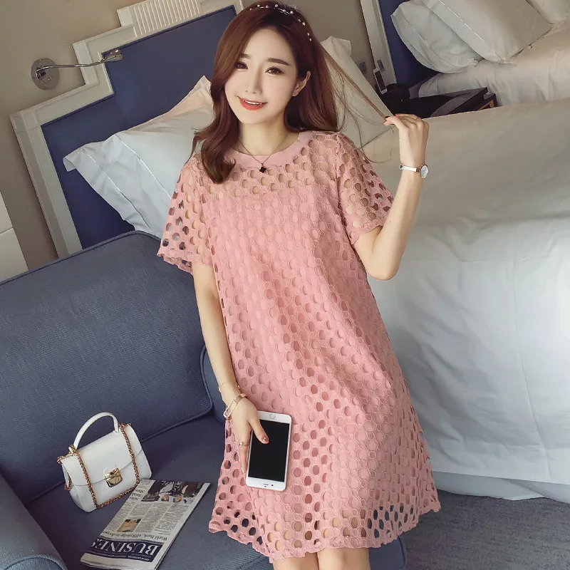 

Maternity dress summer loose hollow round neck dress casual short-sleeved maternity dress Korean fashion pregnancy skirt