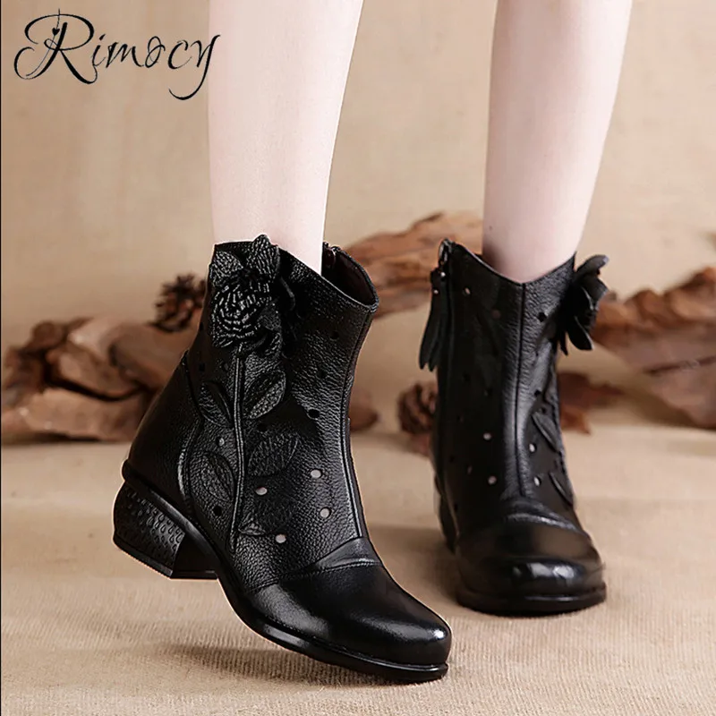 

Rimocy 2019 spring vintage Genuine Leather Ankle Boots for Women Handmade square heels with Flowers Martin Boots woman botines