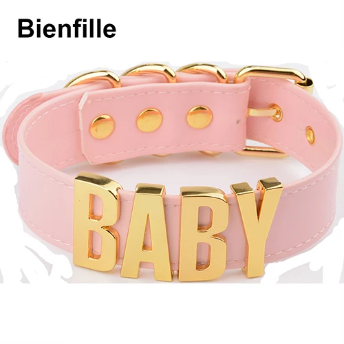 Персонализированные браслеты с подвесками Kawaii из золотистого металла буквы Baby колье Цепочки и ожерелья Для женщин и девочек; искусственная кожа ПУ; цвет розовый в стиле панк с высоким каблуком и с Harajuku воротник слово Цепочки и ожерелья - Окраска металла: PinkGold