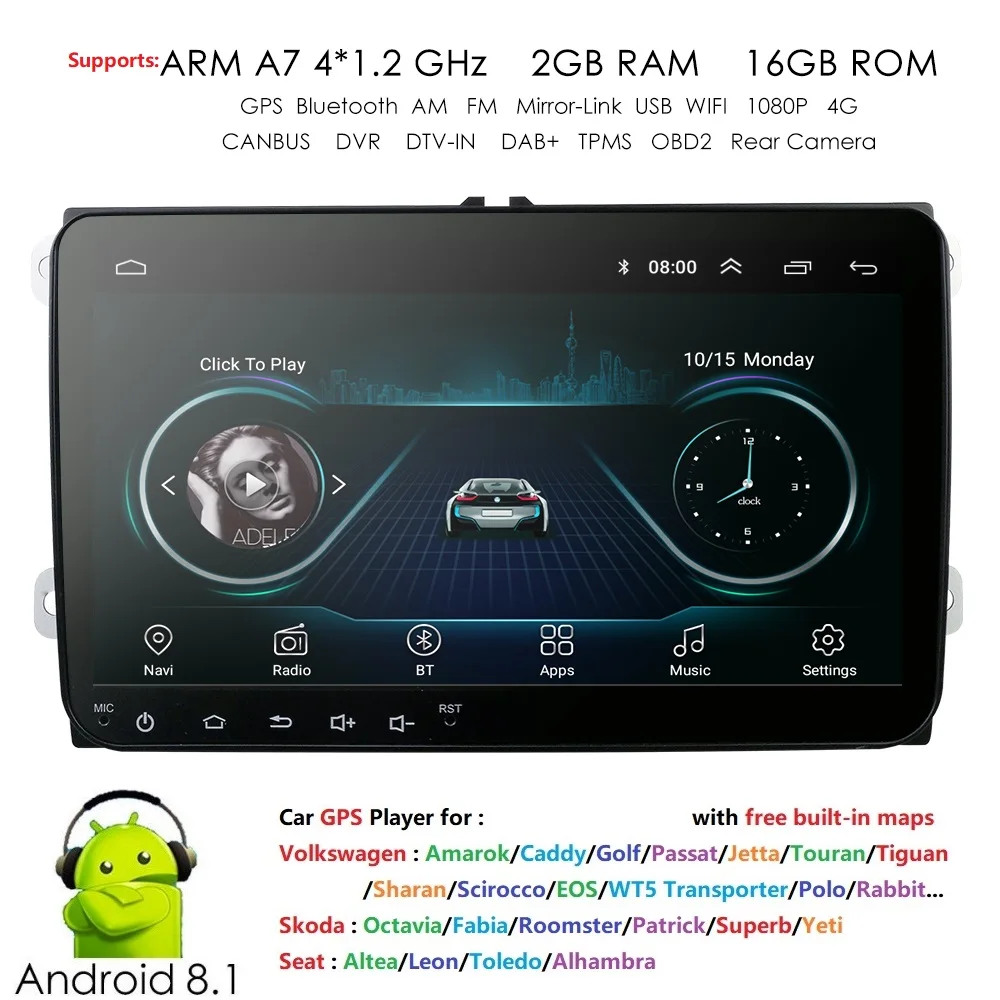 

2 din 9'' Android 8.1 2G RAM Car Radio Stereo GPS Navi forVW Passat B6 CC Polo GOLF 5 6 Touran J etta Tiguan Magotan Seat DAB 4G