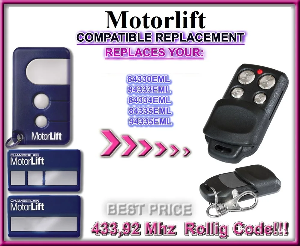 

For Motorlift 84330EML/84333EML/84334EML/84335EML/94335EML Compatible Replacement Garage Door Remote Control Rolling Code 433MHZ